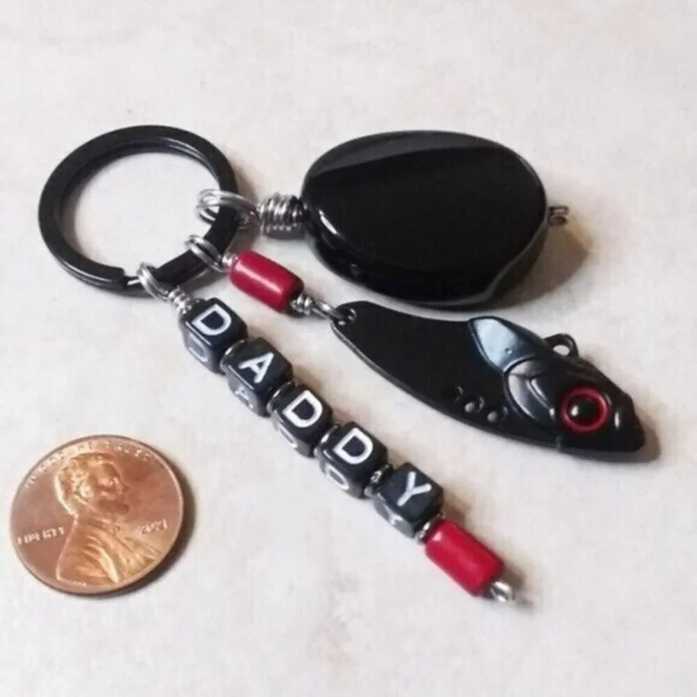 DADDY! Personalized Fishing Lure Key Chain - Black Onyx + Black Fish Key Ring